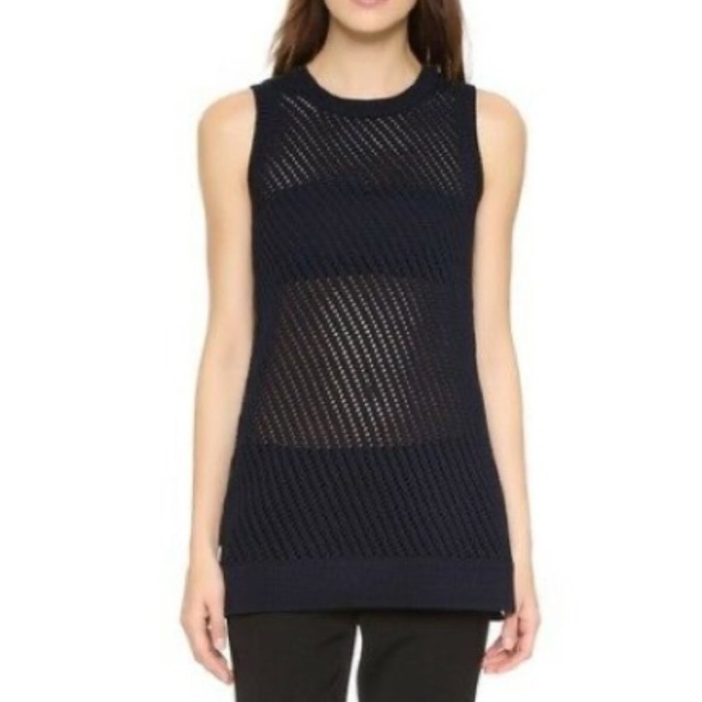 VINCE Navy Open Weave Knit Sleeveless Top